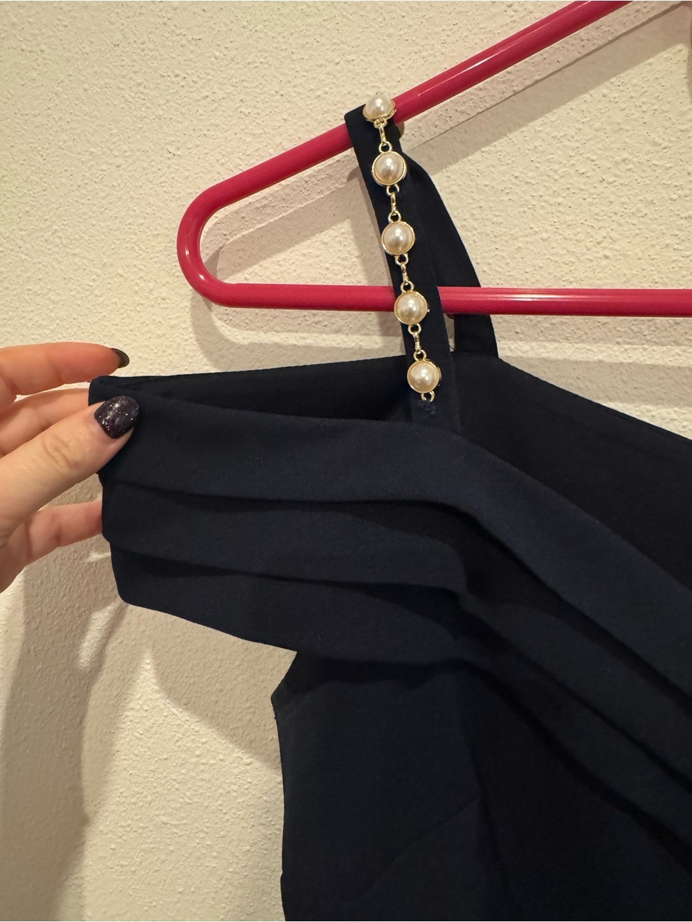 Alexa B 8P Dark Navy Pearl Strap Off Shoulder Midi Dress